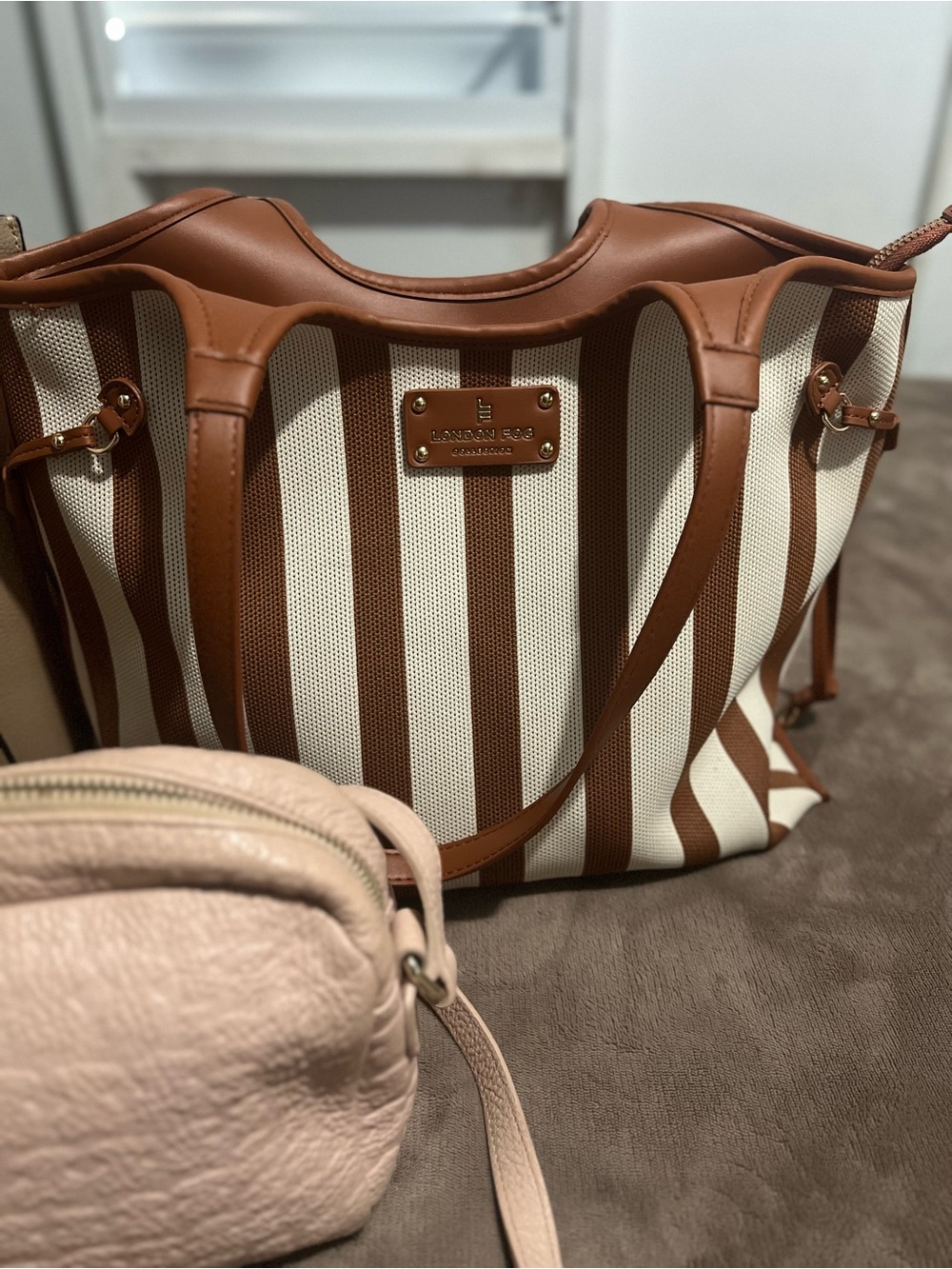 London Fog Brown & Cream Striped Canvas Tote
